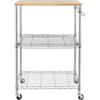 Tier Oak Wood Kitchen Cart with Wheels Slider Shelf and Hooks for Microwave Coffee Storage in Dining Room