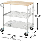 Tier Oak Wood Kitchen Cart with Wheels Slider Shelf and Hooks for Microwave Coffee Storage in Dining Room