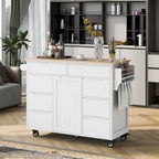 Kitchen Island with Wooden Top, Mobile Island on Locking Wheels, Rolling Cart with Flatware Organizer & 8 Handle-Free Drawers