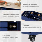 Kitchen Island with Wooden Top, Mobile Island on Locking Wheels, Rolling Cart with Flatware Organizer & 8 Handle-Free Drawers
