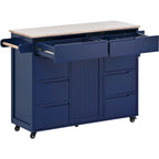 Kitchen Island with Wooden Top, Mobile Island on Locking Wheels, Rolling Cart with Flatware Organizer & 8 Handle-Free Drawers