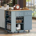 Roomfitters Kitchen Island with Power Outlet, Kitchen Storage Island with Drop Leaf and Rubber Wood, 5 Wheels