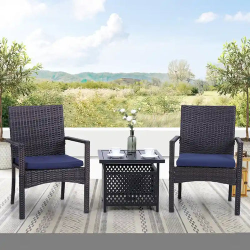 3-piece Patio Bistro Set, Rattan Chairs and Metal Side Table with Umbrella Hole