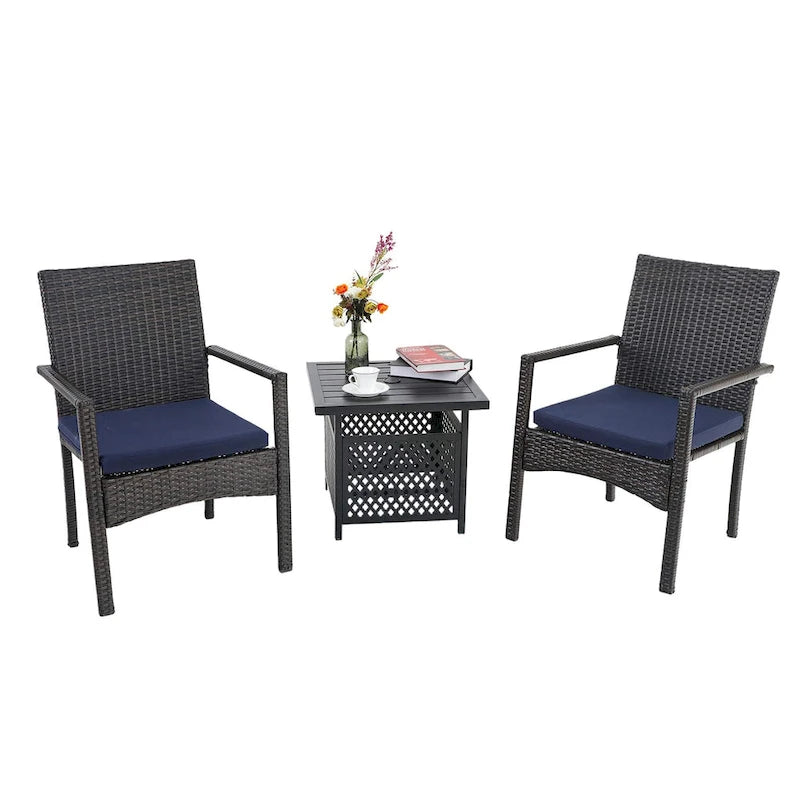 3-piece Patio Bistro Set, Rattan Chairs and Metal Side Table with Umbrella Hole