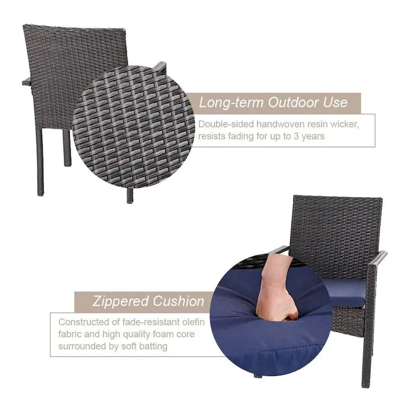 3-piece Patio Bistro Set, Rattan Chairs and Metal Side Table with Umbrella Hole