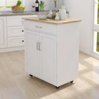 Rolling Kitchen Island Trolley Cart with Adjustable Shelves, Solid Wood Tabletop and Towel Rack