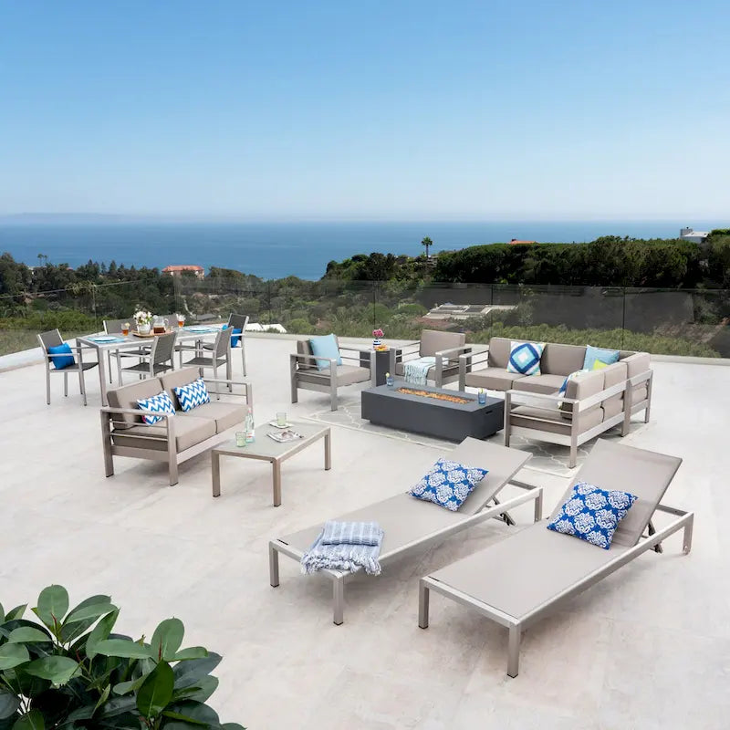 Cape Coral 7 Piece Dining Set and Sofa Set and 4pc Chat Set and Fire Pit and 2 Chaise Lounges by Christopher Knight Home