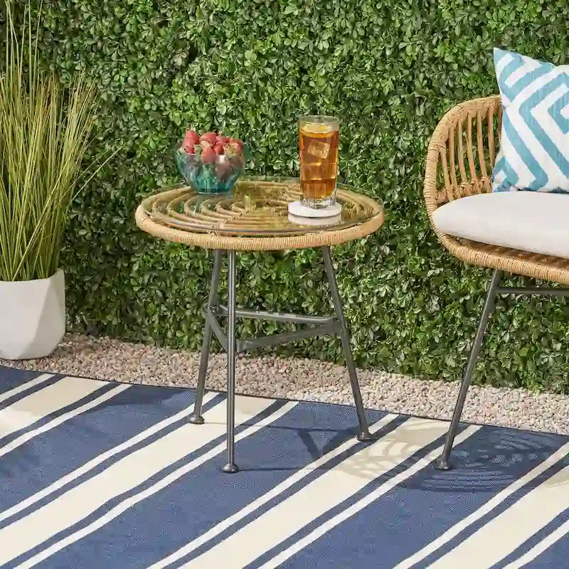 Orlando Outdoor Woven Faux Rattan Side Table with Glass Top by Christopher Knight Home