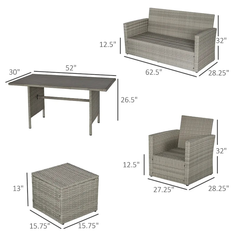 Outsunny 6 PCS Outdoor Patio Dining Table Sets All Weather PE Rattan Sofa Chair Furniture set Indoor Outdoor with Cushions