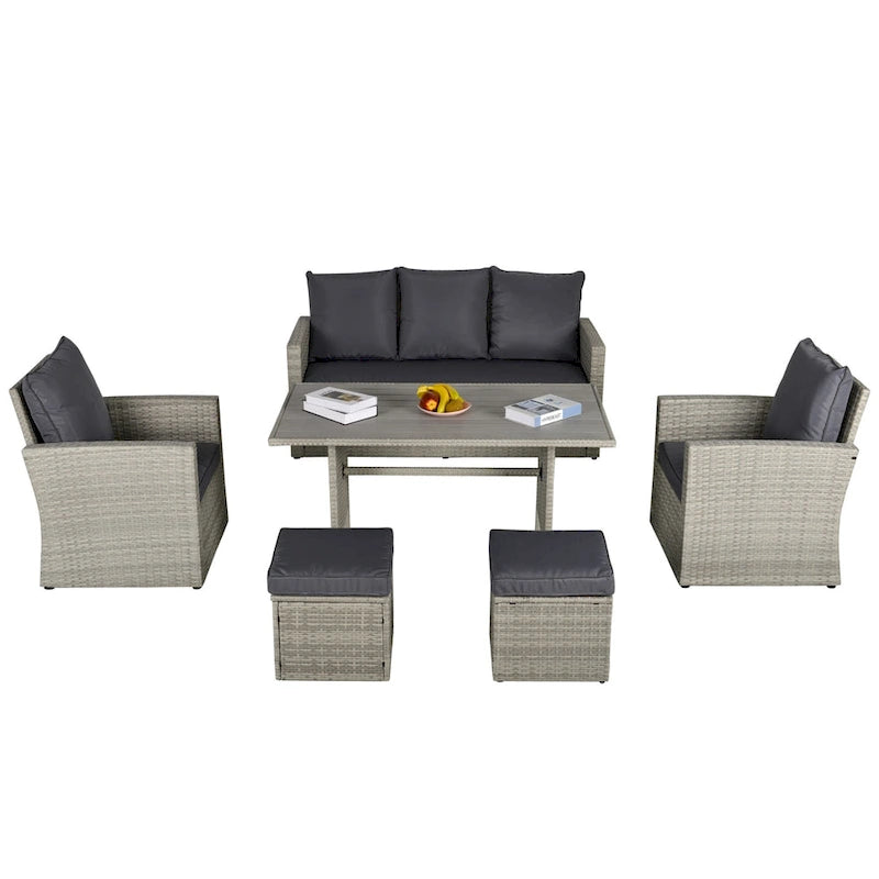 Outsunny 6 PCS Outdoor Patio Dining Table Sets All Weather PE Rattan Sofa Chair Furniture set Indoor Outdoor with Cushions