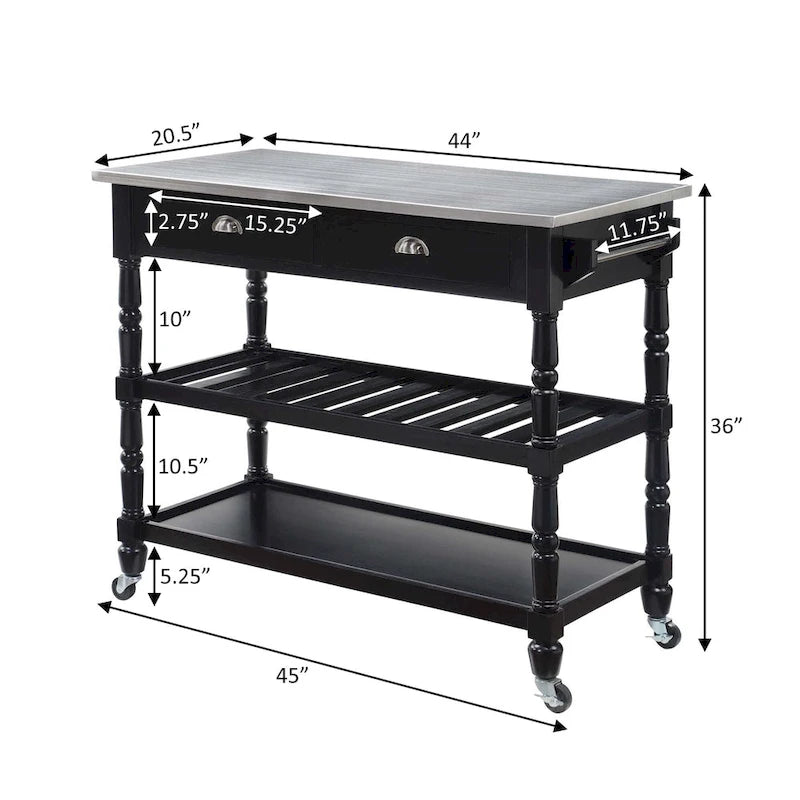Convenience Concepts French Country 3 Tier Stainless Steel Kitchen Cart with Drawers