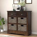 Rustic Storage Cabinet with Two Drawers and Four Classic Rattan Basket for Dining Room/Entryway/Living Room