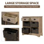 Rustic Storage Cabinet with Two Drawers and Four Classic Rattan Basket for Dining Room/Entryway/Living Room