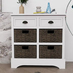 Rustic Storage Cabinet with Two Drawers and Four Classic Rattan Basket for Dining Room/Entryway/Living Room