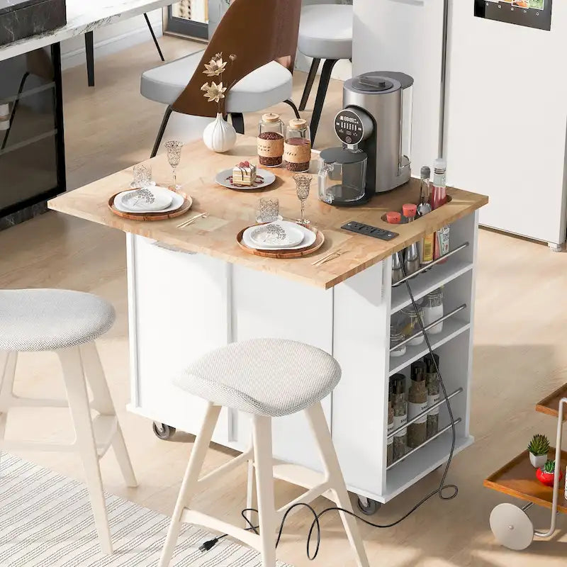 Adjustable Shelves Kitchen Island with Power Outlet and Drop Leaf