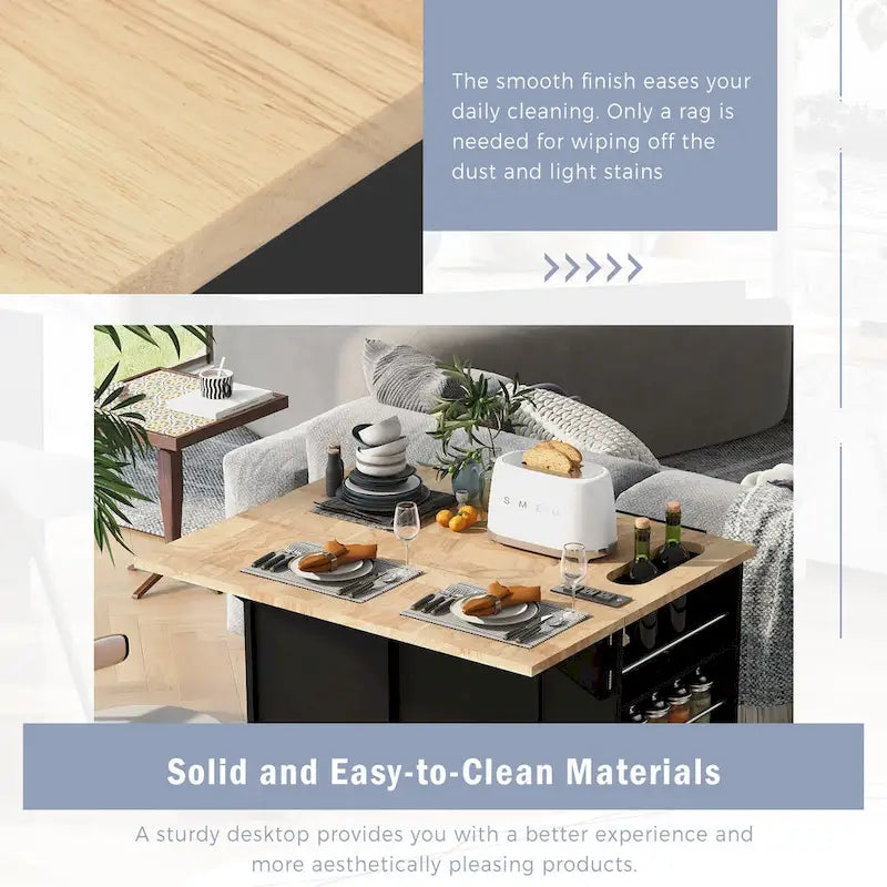 Adjustable Shelves Kitchen Island with Power Outlet and Drop Leaf
