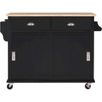 Kitchen Cart with Rubber wood Drop-Leaf Countertop, Concealed sliding barn door adjustable height
