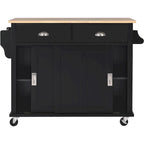 Kitchen Cart with Rubber wood Drop-Leaf Countertop, Concealed sliding barn door adjustable height