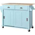 Kitchen Cart with Rubber wood Drop-Leaf Countertop, Concealed sliding barn door adjustable height