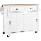 Kitchen Cart with Rubber wood Drop-Leaf Countertop, Concealed sliding barn door adjustable height