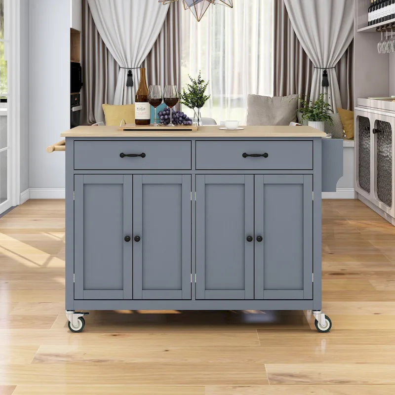 Kitchen Island Cart with 4 Door Cabinet and Two Drawers and 2 Locking Wheels - Solid Wood Top