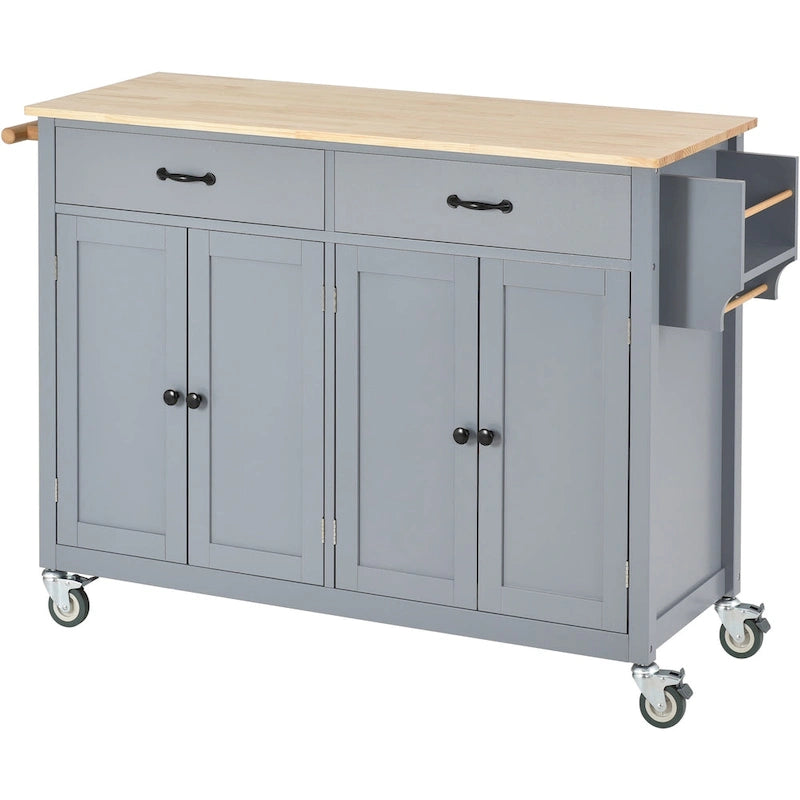 Kitchen Island Cart with 4 Door Cabinet and Two Drawers and 2 Locking Wheels - Solid Wood Top