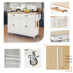 Kitchen Island Cart with 4 Door Cabinet and Two Drawers and 2 Locking Wheels - Solid Wood Top