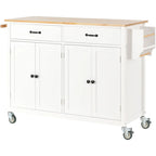 Kitchen Island Cart with 4 Door Cabinet and Two Drawers and 2 Locking Wheels - Solid Wood Top