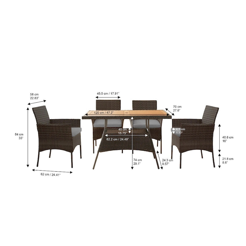 Teamson Home - 5-piece Brown Rattan Patio Dining Set - 47L x 27.6W x 29H