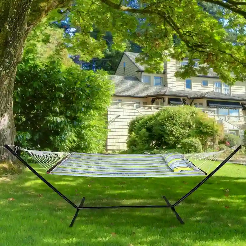 Hammock with Stand & Spreader Bars and Detachable Pillow, Heavy Duty, 450 Pound Capacity for Indoor/Outdoor (Green/Blue)