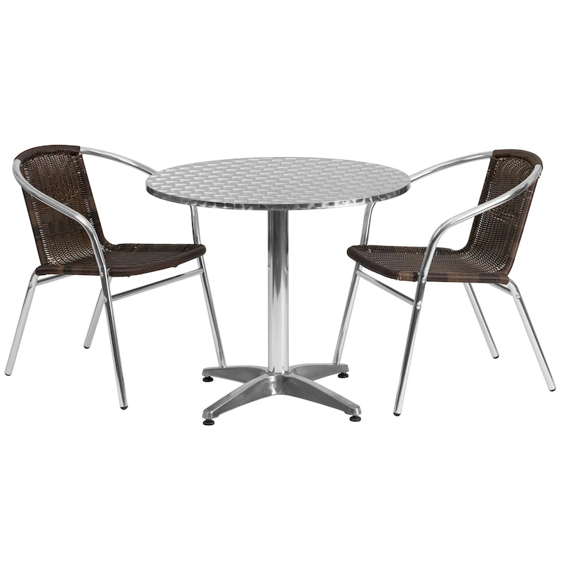 31.5 Round Aluminum Indoor-Outdoor Table Set with 2 Rattan Chairs