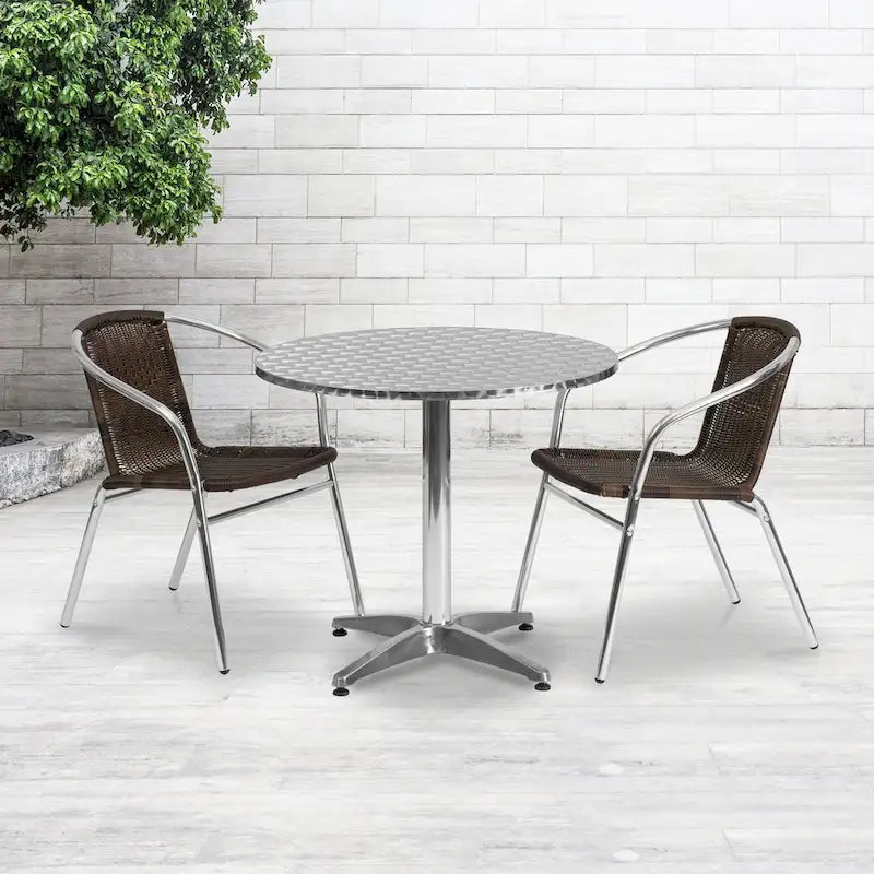 31.5 Round Aluminum Indoor-Outdoor Table Set with 2 Rattan Chairs