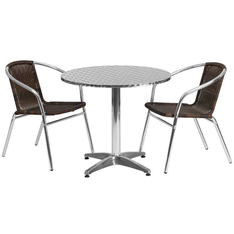 31.5 Round Aluminum Indoor-Outdoor Table Set with 2 Rattan Chairs