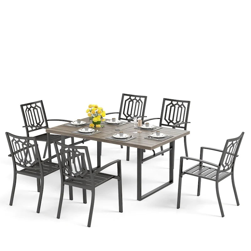 MAISON ARTS 7-Piece Patio Dining Set with Metal U-Shaped Leg Brown Dining Table and Metal Dining Chairs