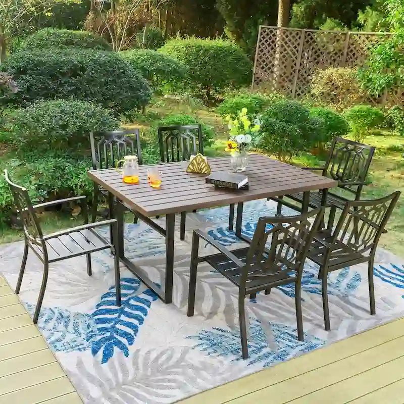 MAISON ARTS 7-Piece Patio Dining Set with Metal U-Shaped Leg Brown Dining Table and Metal Dining Chairs