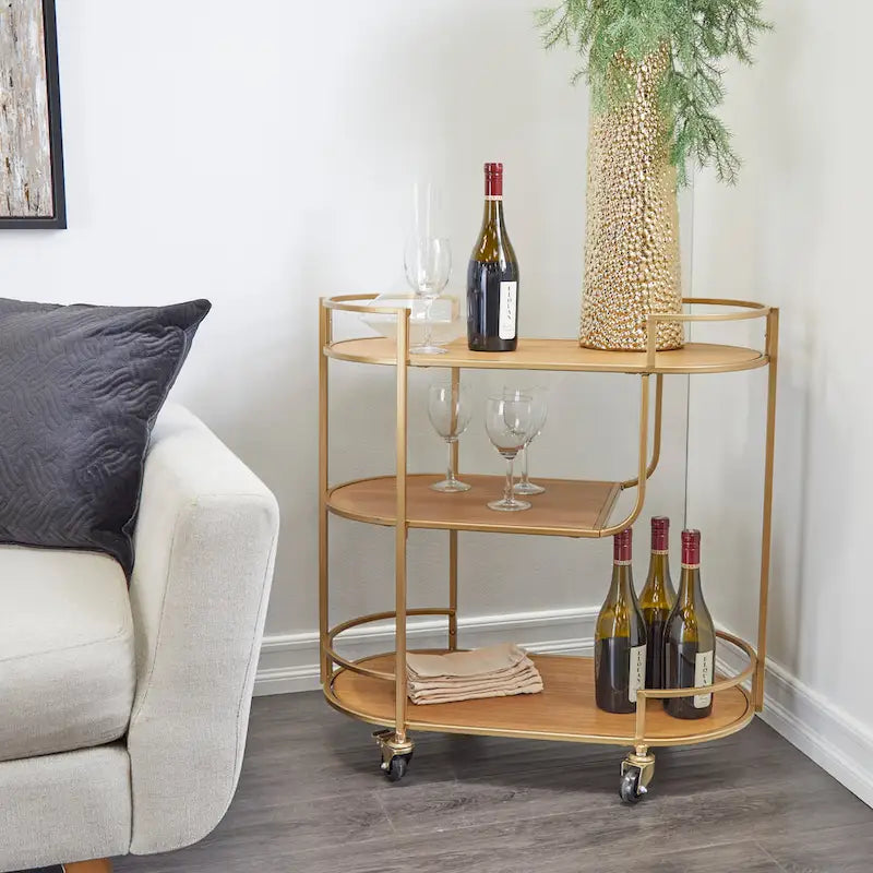 Wood Rolling 3 Shelves Bar Cart with Handles - Gold - Roche River Decor - 15W x 30L x 30H