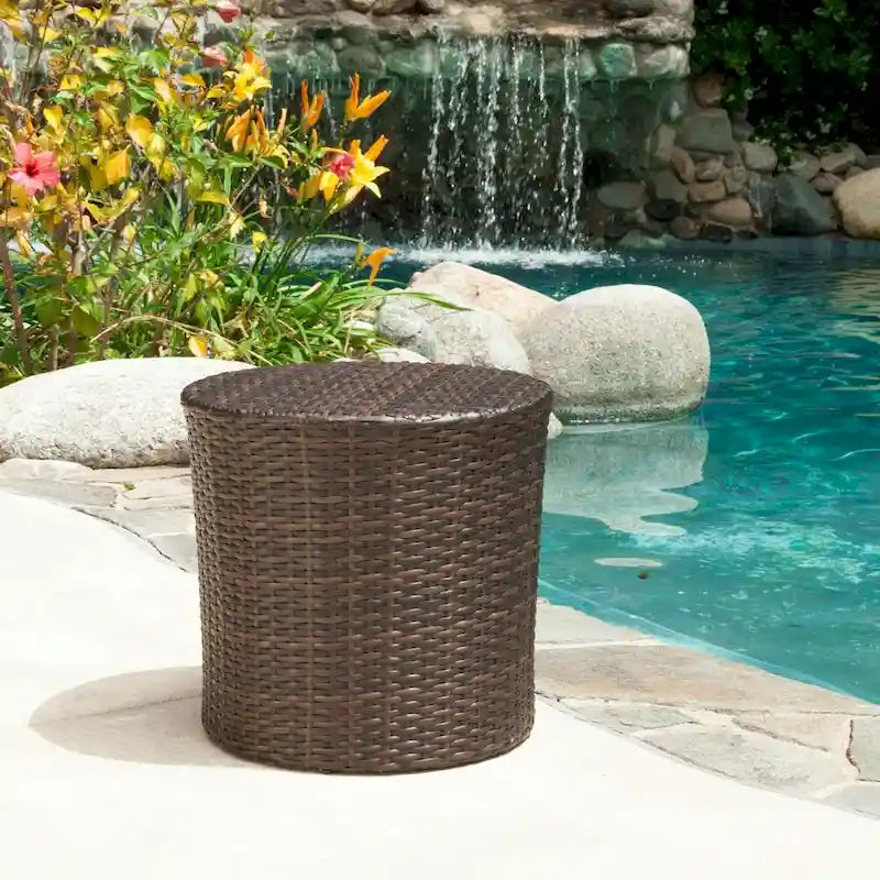Avalon Outdoor 3-piece Acacia Wood Chat Set with Round Wicker Table by Christopher Knight Home
