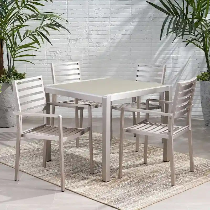 Cape Coral Outdoor Modern 4 Seater Aluminum Dining Set with Tempered Glass Table Top by Christopher Knight Home
