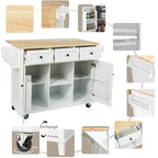 White Kitchen Island on 5 Wheels with Storage Cabinet and 3 Drawers