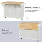 White Kitchen Island on 5 Wheels with Storage Cabinet and 3 Drawers