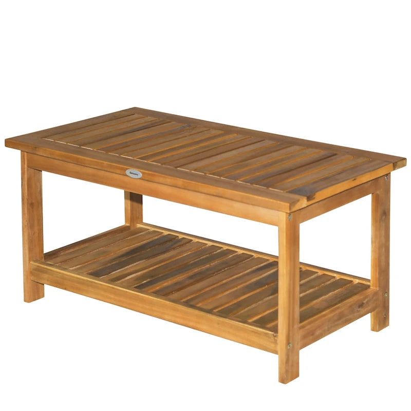 Outdoor Coffee Table 2-Shelf Acacia Wood Rectangular Buffet Storage Organizer Natural Finish Patio, Deck, Lawn, Garden