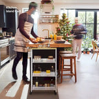 Kleio Wood Rolling Kitchen Cart with Wooden Tabletop and Mesh Baskets
