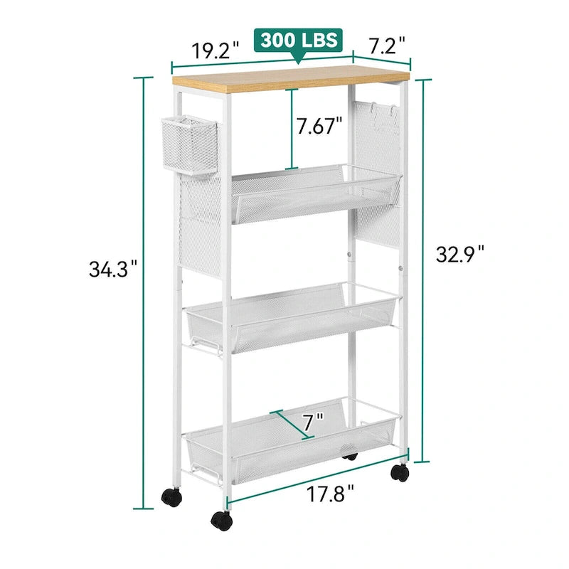 Kleio Wood Rolling Kitchen Cart with Wooden Tabletop and Mesh Baskets