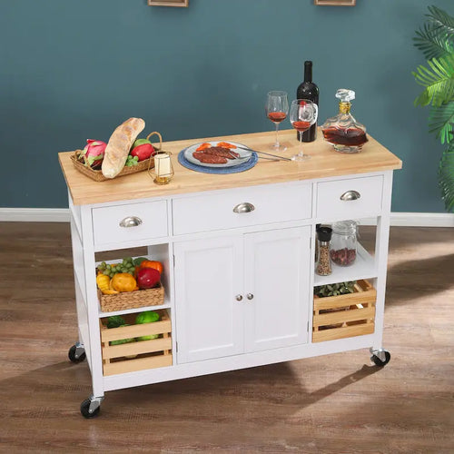 3-Tier Wood Kitchen Island Trolley Cart Storage Cabinet on Wheels with Storage Basket