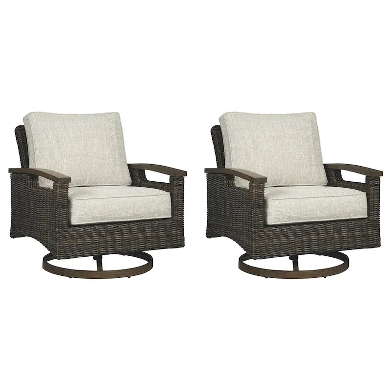 Signature Design by Ashley Paradise Trail Medium Brown/Beige Outdoor Loveseat, Lounge Chairs and Fire Pit Table