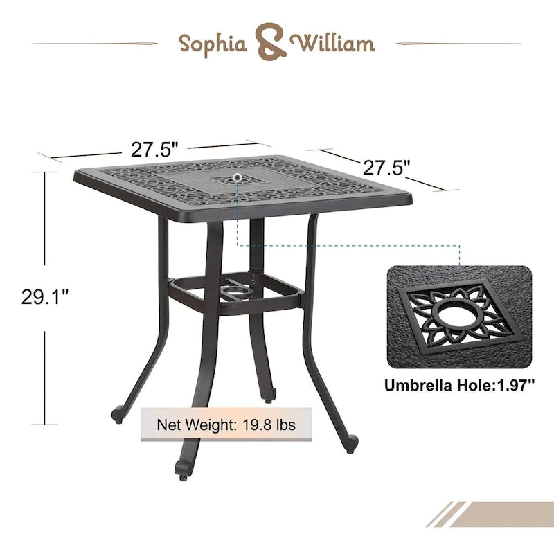 Outdoor Patio Dining Table Square, Modern Cast Aluminum Outdoor Furniture Dining Table with Umbrella Hole