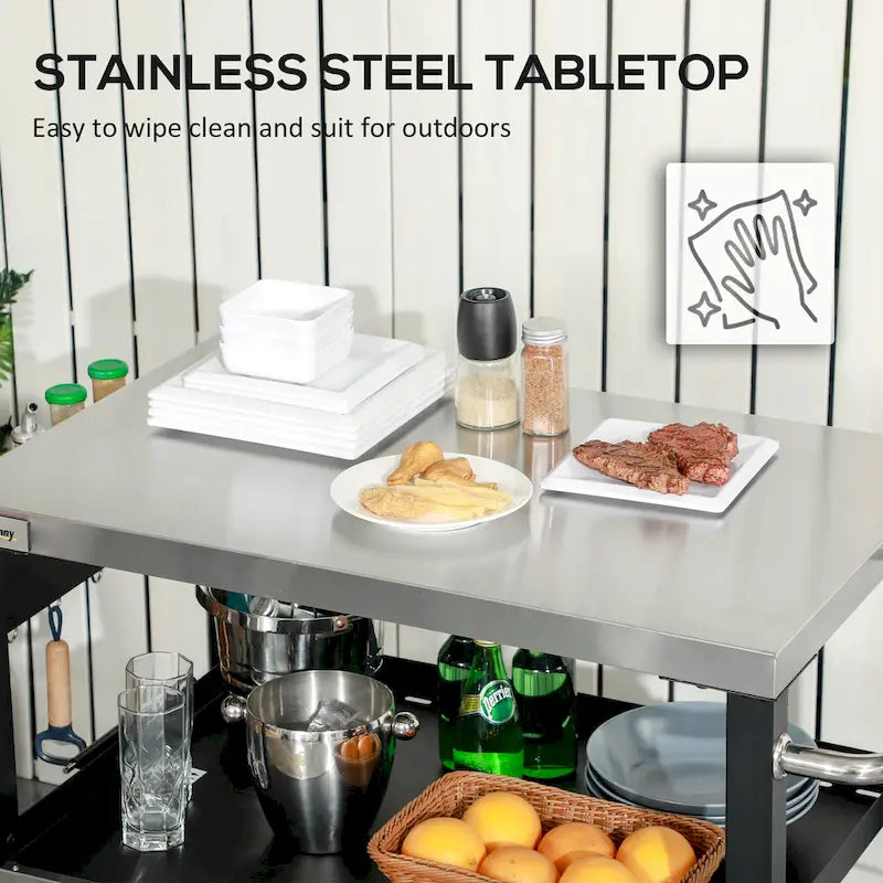 Outsunny Three-Shelf Outdoor Grill Cart with Stainless Steel Tabletop, Side Handle, 32 x 20.5 Multifunctional Pizza Oven Stand