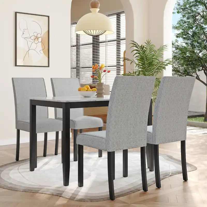  Fowey 5-piece Dining Set, Marble Sticker MDF Table and 4 Upholstered Chairs