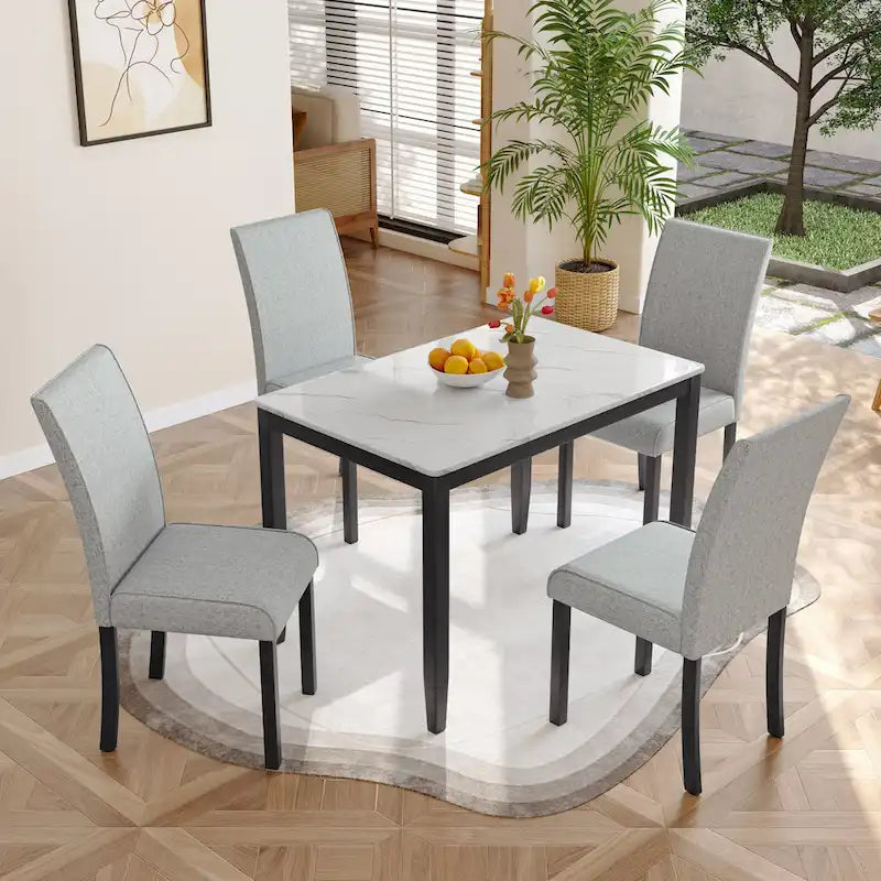Fowey 5-piece Dining Set, Marble Sticker MDF Table and 4 Upholstered Chairs
