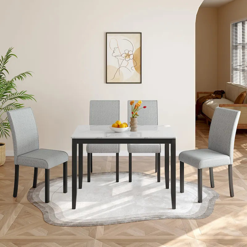 Fowey 5-piece Dining Set, Marble Sticker MDF Table and 4 Upholstered Chairs